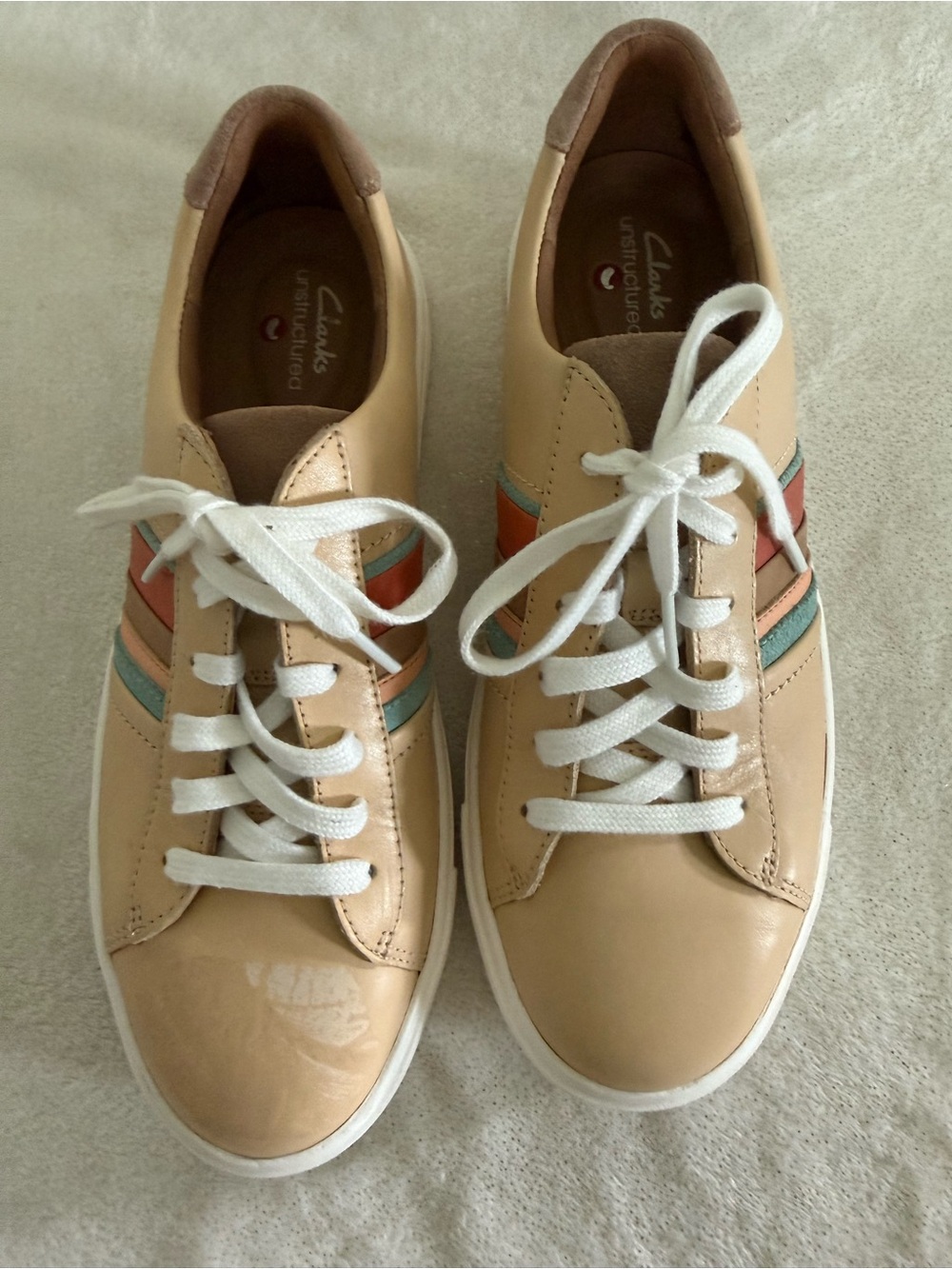 Clarks Beige Leather Sneakers with Coral and Teal Stripes